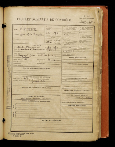 Pierre, Jean Marie François, né le 24 mai 1892 à Aïn Sefra (Algérie), classe 1912, matricule n° 875, Bureau de recrutement d'Amiens