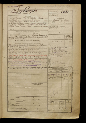 Ferlampin, Emile Xavier, né le 21 octobre 1899 à Fléchin (Pas-de-Calais), classe 1919, matricule n° 1031, Bureau de recrutement de Péronne