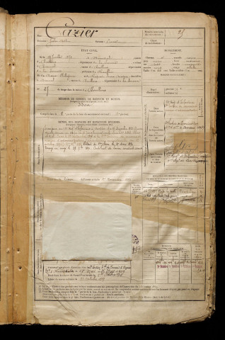 Cazier, Jules Arthur, né le 18 juillet 1872 à Beauval (Somme), classe 1892, matricule n° 25, Bureau de recrutement d'Abbeville