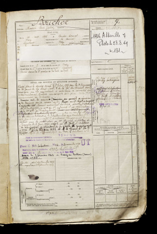 Boucher, Maurice Louis Zéphirin, né le 26 août 1896 à Ponches-Estruval (Somme), classe 1916, matricule n° 7, Bureau de recrutement d'Abbeville