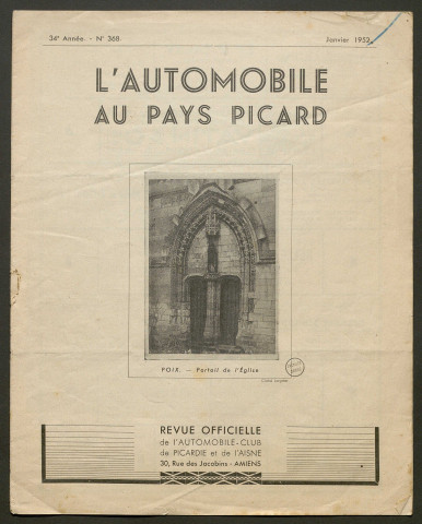 L'Automobile au Pays Picard. Revue officielle de l'Automobile-Club de Picardie et de l'Aisne, 368, janvier 1952