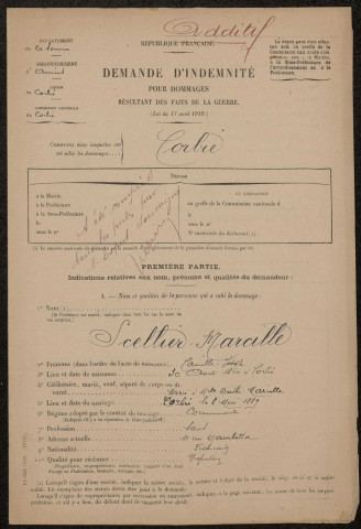 Corbie. Demande d'indemnisation des dommages de guerre : dossier Sellier-Marcille