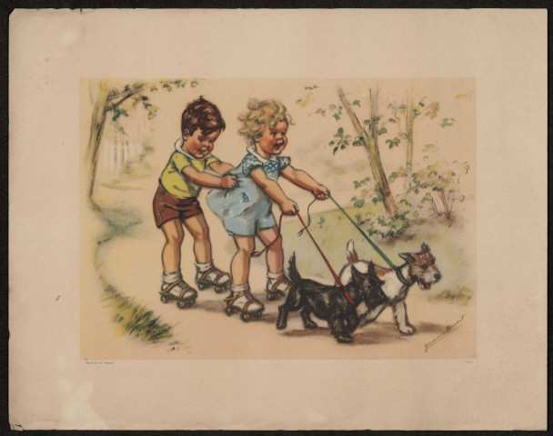 Deux enfants faisant du patin à roulettes tirés par deux chiens en laisse. Lithographie offerte par les Magasins de nouveautés "A la belle Indienne" à Amiens