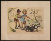 Deux enfants faisant du patin à roulettes tirés par deux chiens en laisse. Lithographie offerte par les Magasins de nouveautés "A la belle Indienne" à Amiens