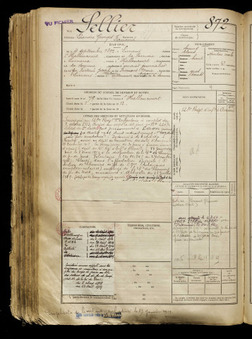 Sellier, Léandre Georges Fernand, né le 04 septembre 1892 à Limeux (Somme), classe 1912, matricule n° 872, Bureau de recrutement d'Abbeville