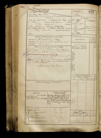 Tiron, Lucien René Desiré, né le 21 août 1892 à Neuville-lès-Bray (La) (Somme), classe 1912, matricule n° 438, Bureau de recrutement de Péronne