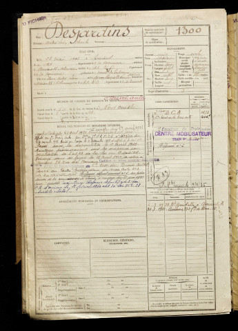 Desjardins, André Léon Charles, né le 23 mai 1901 à Amiens (Somme), classe 1921, matricule n° 1300, Bureau de recrutement d'Amiens