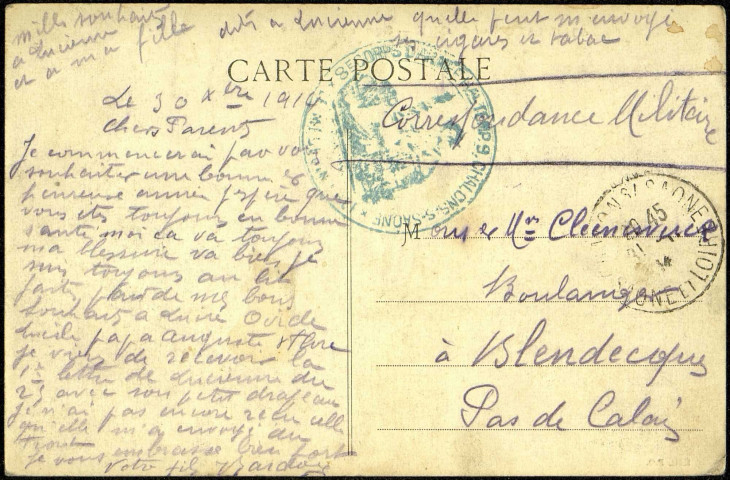 Châlon-sur-Saône. Square Chabas. - Carte adressée par Victor Bardoux à à M. et Mme Cleenewerck à Blendecques (Pas-de-Calais)
