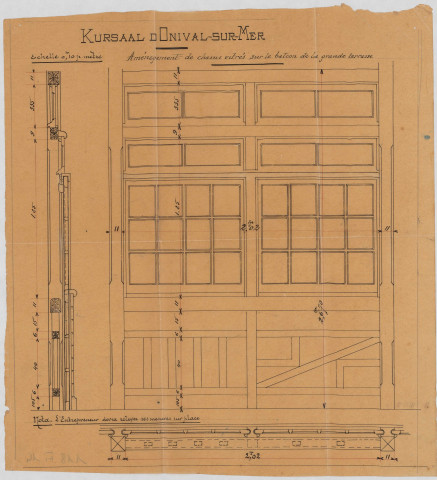Projet d'agrandissement du Kursaal d'Onival. Plan de détail des aménagements de châssis vitrés sur le balcon de la grande terrasse