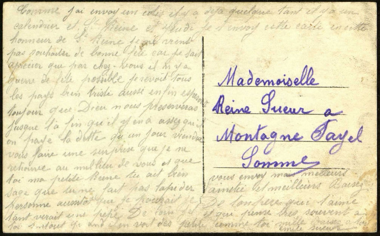 Carte postale "La Pitié de la France" adressée par Emile Sueur (1886-1948) à sa fille Reine