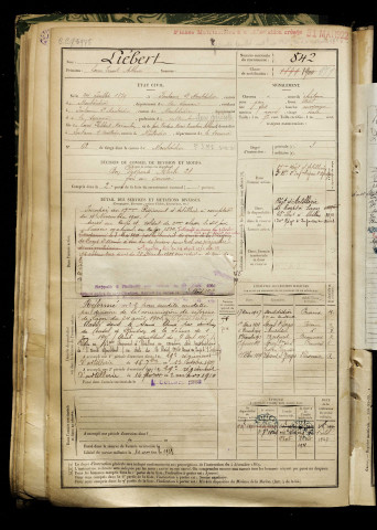 Liébert, Louis Ernest Arthur, né le 24 juillet 1879 à Fontaine-sous-Montdidier (Somme), classe 1899, matricule n° 842, Bureau de recrutement de Péronne
