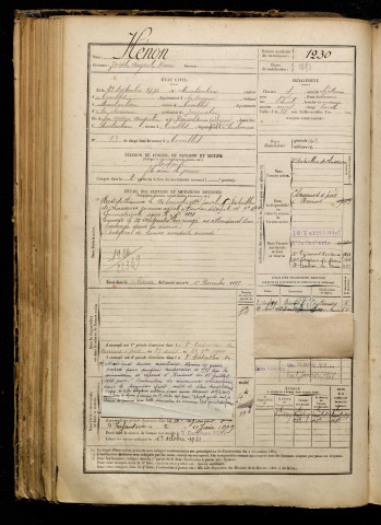 Hénon, Joseph Auguste Henri, né le 21 septembre 1873 à Montauban-de-Picardie (Somme), classe 1893, matricule n° 1230, Bureau de recrutement de Péronne