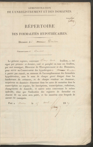 Répertoire des formalités hypothécaires, du 13/05/1840 au 21/05/1841, volume n° 63 (Conservation des hypothèques de Doullens)