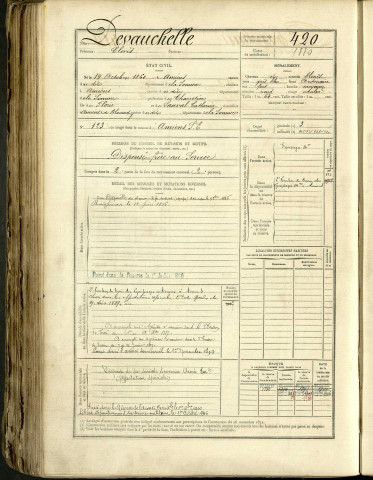 Devauchelle, Clovis, né le 19 octobre 1860 à Amiens (Somme, France), classe 1880, matricule n° 420, Bureau de recrutement d'Amiens