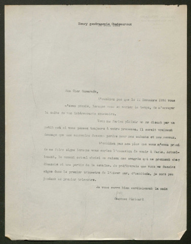 Témoignage de Henry (Lieutenant) et correspondance avec Jacques Péricard