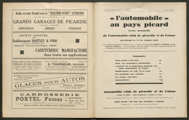 L'Automobile au Pays Picard. Revue mensuelle de l'Automobile-Club de Picardie et de l'Aisne, 316, janvier 1938