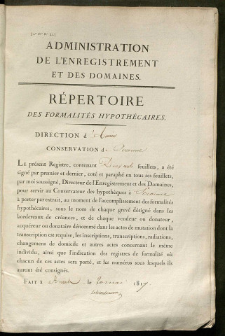 Répertoire des formalités hypothécaires, du 04/10/1819 au 14/05/1818, registre n° 076 (Péronne)