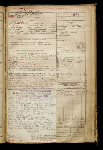 Delaplace, Albert, né le 04 octobre 1898 à Driencourt (Somme), classe 1918, matricule n° 931, Bureau de recrutement de Péronne