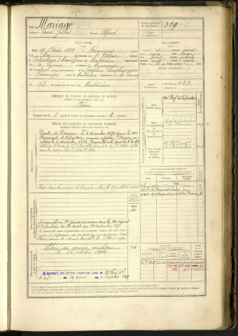 Mariage, Louis Jules, né le 19 août 1862 à Remigny (Somme, France), classe 1882, matricule n° 319, Bureau de recrutement de Péronne