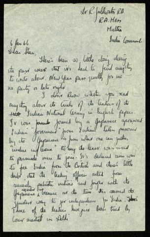 Lt R. Goldwater RA, RA Mess MUTTRA, India Command, 6 Jan. 46 : lettre de Raymond Goldwater à son frère Stan