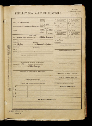 Derambure, Marcel Zéphir Léonard, né le 06 novembre 1897 à Friville-Escarbotin (Somme), classe 1917, matricule n° 293, Bureau de recrutement d'Amiens