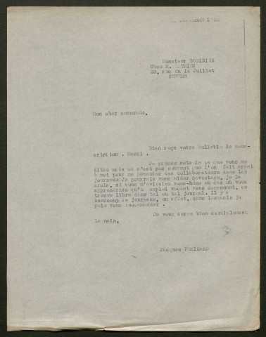 Témoignage de Bodinier, Eugène et correspondance avec Jacques Péricard