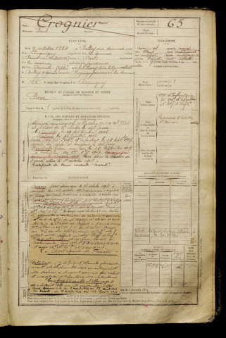 Crognier, Paul, né le 09 octobre 1884 à Belloy-sur-Somme (Somme), classe 1904, matricule n° 65, Bureau de recrutement d'Amiens