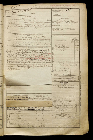 Trendel, René, né le 19 novembre 1896 à Paris (Paris), classe 1916, matricule n° 51, Bureau de recrutement de Péronne