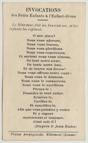 Ô Jésus, à vous nos prières, nos travaux, nos souffrances de chaque jour. L'Enfant Jésus devant la mangeoire. Invocations des Petits Enfants à l'Enfant-Jésus