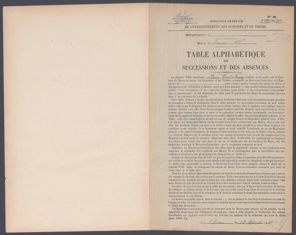 Table des successions et absences du bureau d'Amiens