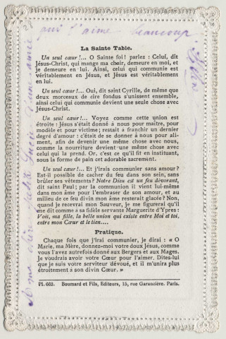 Image pieuse dentelle. Le jour de bonheur par excellence ! Le sacré Coeur de l'Enfant Jésus donnant la communion à un enfant