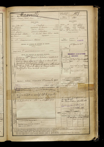 Massoulle, Marius Joseph Pierre, né le 07 mai 1881 à Bouchoir (Somme), classe 1901, matricule n° 427, Bureau de recrutement de Péronne