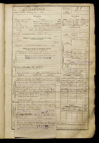 Dubois, Arthur Fernand, né le 10 mars 1884 à Contay (Somme), classe 1904, matricule n° 31, Bureau de recrutement d'Amiens