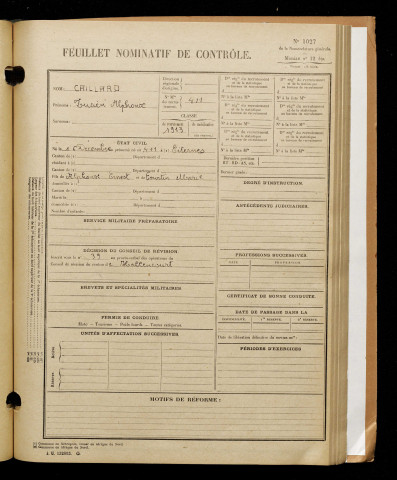 Gaillard, Lucien Alphonse, né le 16 décembre 1893 à Citerne (Somme), classe 1913, matricule n° 411, Bureau de recrutement d'Abbeville