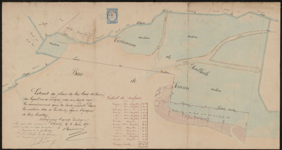 Ponthoile. Extrait du plan de la baie de Somme sur lequel on a indiqué par une teinte rose les accroissements qui se sont produits dans les mollières dites de Ponthoile, depuis l'époque de leur location, dressé le 8 mai 1875.
