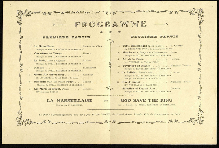 Amiens 16 mars 1916. Grand concert donné au Cirque Municipal par The Band of the Royal Regiment of Artillery en l'honneur de la garnisons et des formations sanitaires en place d'Amiens