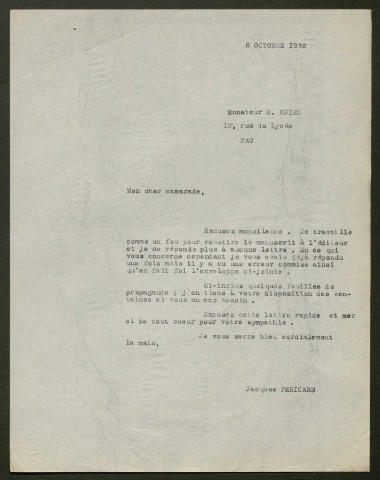 Témoignage de Krier, Emilien et correspondance avec Jacques Péricard