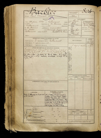 Barbier, Paul Marcel, né le 29 juin 1892 à Hallencourt (Somme), classe 1912, matricule n° 804, Bureau de recrutement d'Abbeville