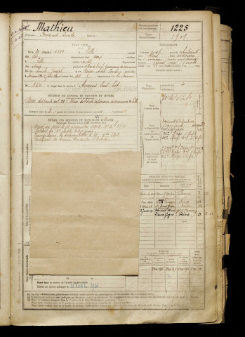 Mathieu, Fernand Emile, né le 31 mai 1881 à Lille (Nord), classe 1901, matricule n° 1225, Bureau de recrutement d'Amiens