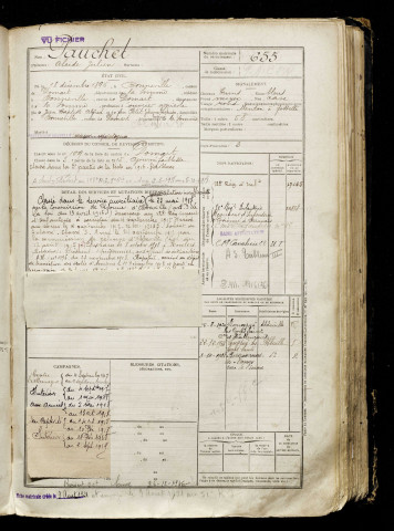 Pauchet, Alcide Julien, né le 18 décembre 1896 à Bonneville (Somme), classe 1916, matricule n° 655, Bureau de recrutement d'Abbeville