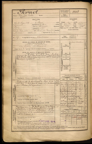 Pernet, Victor Jules Nicolas, né le 31 mai 1869 à Paris (Paris), classe 1889, matricule n° 308, Bureau de recrutement de Péronne