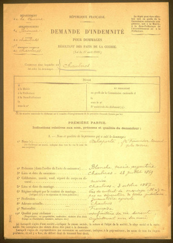 Chaulnes. Demande d'indemnisation des dommages de guerre : dossier Fournier-Delaporte