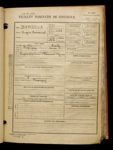 Bardoux, Eugène Emmanuel, né le 10 décembre 1892 à Breilly (Somme), classe 1912, matricule n° 1126, Bureau de recrutement d'Amiens