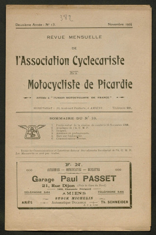 Revue mensuelle de l'association cyclecariste et motocycliste de Picardie - 2e année, numéro 13