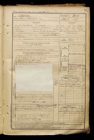 Opron, Maurice Charles Alfred, né le 31 décembre 1877 à Amiens (Somme), classe 1897, matricule n° 805, Bureau de recrutement d'Amiens
