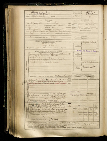 Mercusot, Alfred Charles, né le 01 juin 1876 à Roye (Somme), classe 1896, matricule n° 366, Bureau de recrutement de Péronne