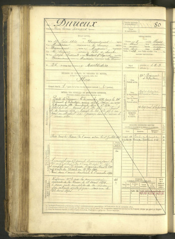 Durieux, Henri Séverin Armand, né le 17 juin 1860 à Davenescourt (Somme, France), classe 1880, matricule n° 80, Bureau de recrutement de Péronne