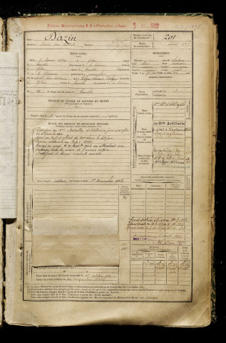 Dazin, Joseph Pierre Baptiste, né le 05 janvier 1879 à Ytres (Pas-de-Calais), classe 1899, matricule n° 201, Bureau de recrutement de Péronne