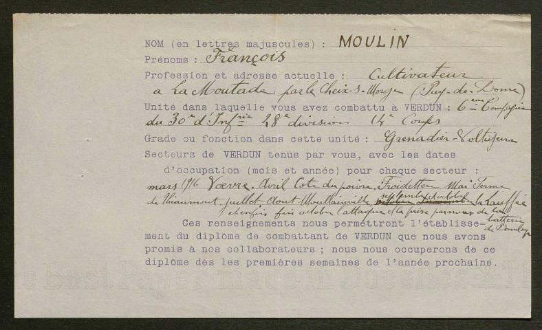 Témoignage de Moulin, François (Grenadier voltigeur) et correspondance avec Jacques Péricard