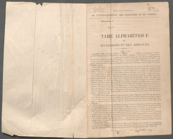 Table des successions et absences du bureau de Roye